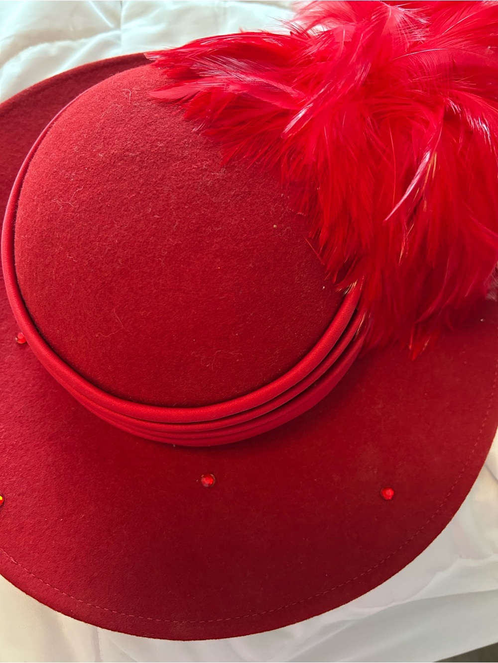 betmar Red Wide-Brim Wool Hat with Feather Trim